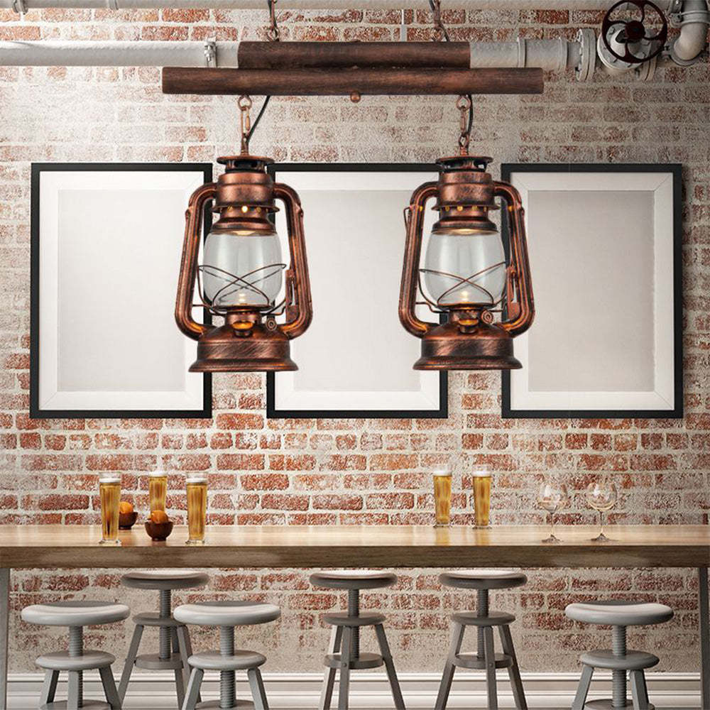 Rustic double lantern pendant light, vintage metal and glass.