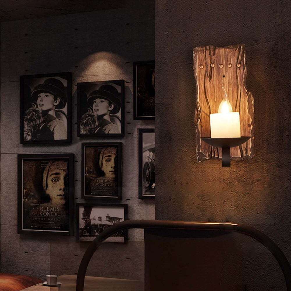 Rustic wood and metal Austin wall lamp in bedroom decor.