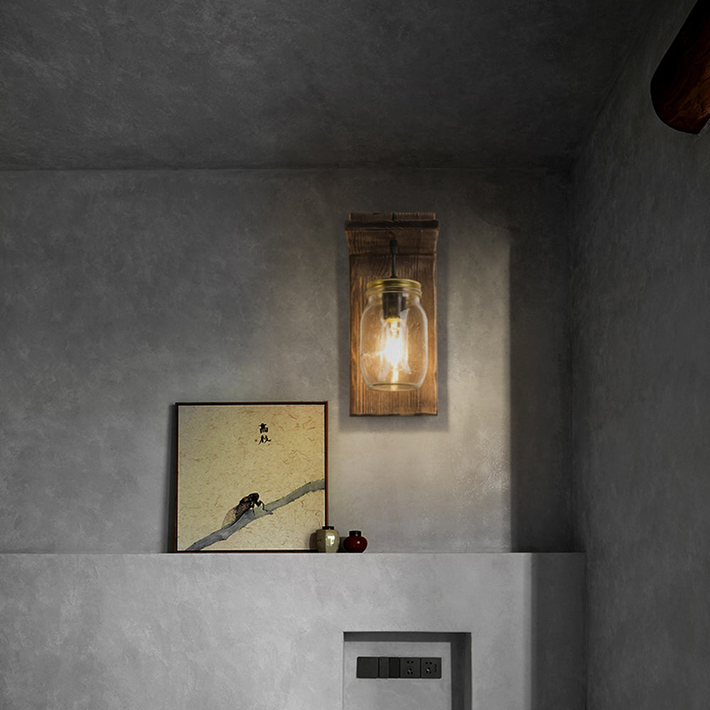 Vintage jar wall lamp. Austin wood & metal sconce lighting.