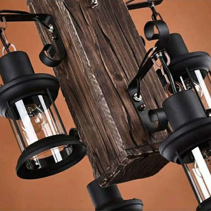 Rustic wood and metal Austin pendant light close up.