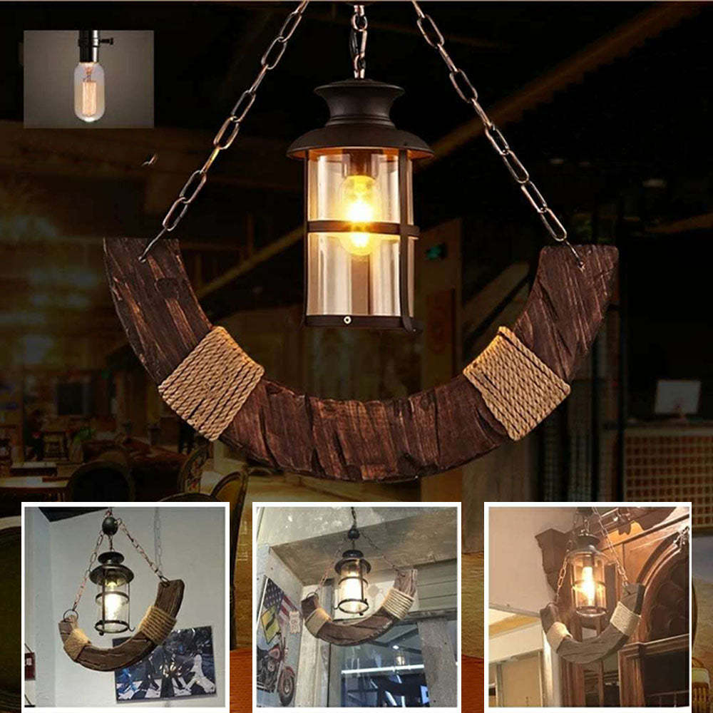 Rustic Arc Wood Pendant Light with Metal Lantern