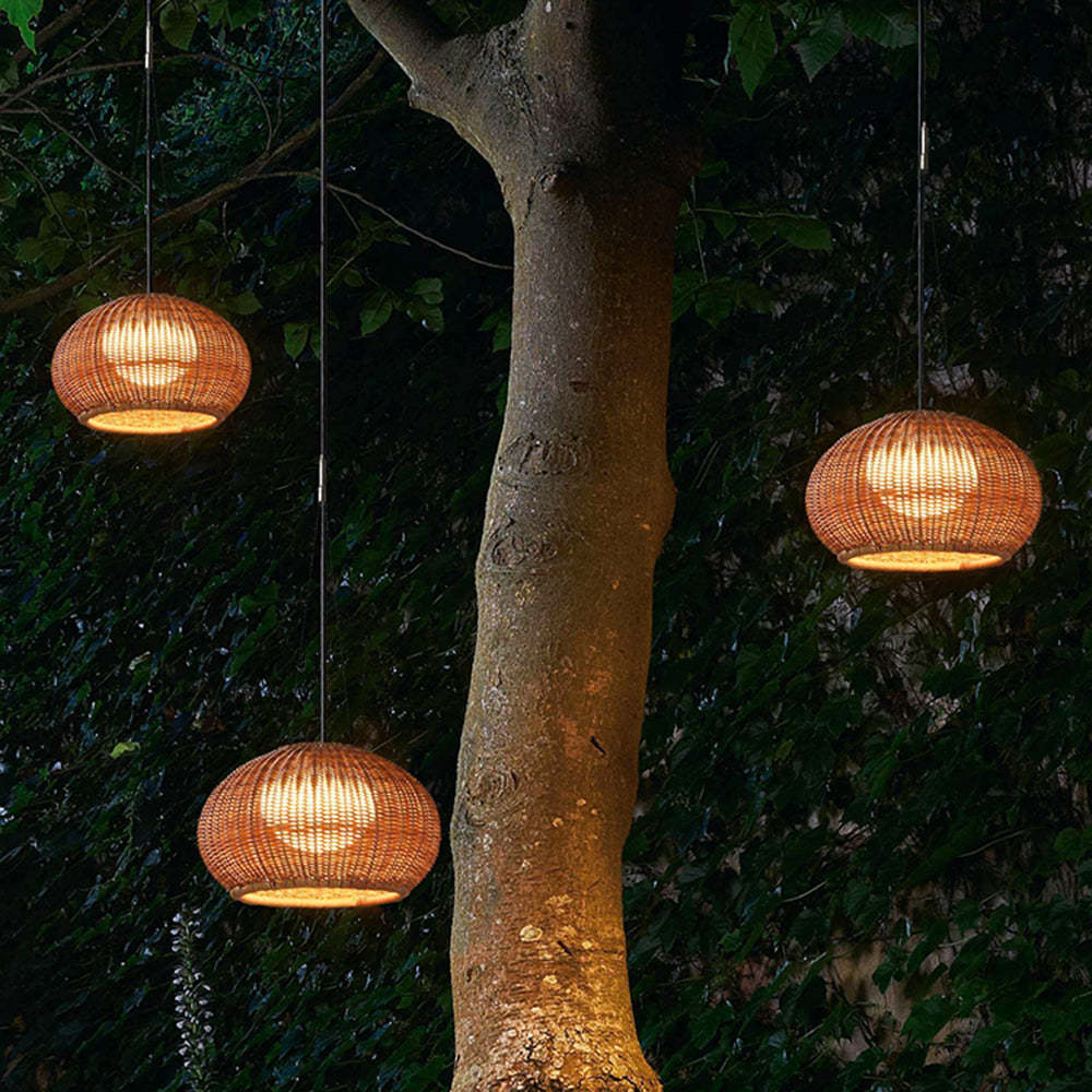 Bamboo Ritta lantern pendants light up outdoor tree setting.