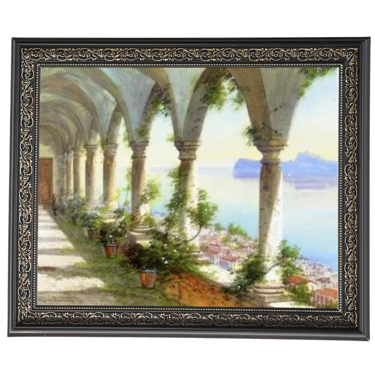 Vintage framed oil painting of Capri colonnade view