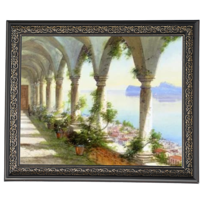 Vintage framed oil painting of Capri colonnade view
