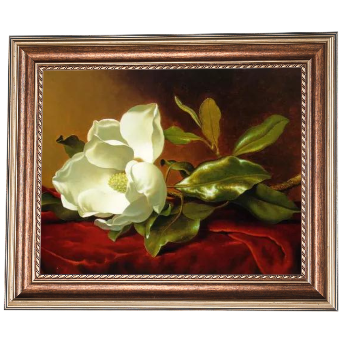Magnolia flower oil painting in a gold frame on red velvet