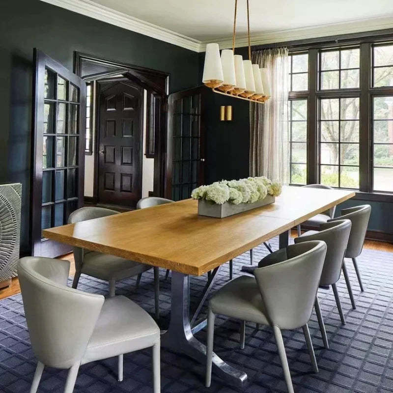 Alessio LED chandelier over dining table, fabric shades