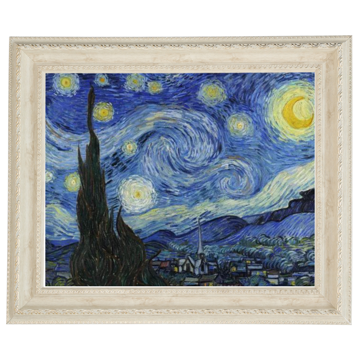 Hand-painted Starry Night oil painting in a decorative frame for dining room
