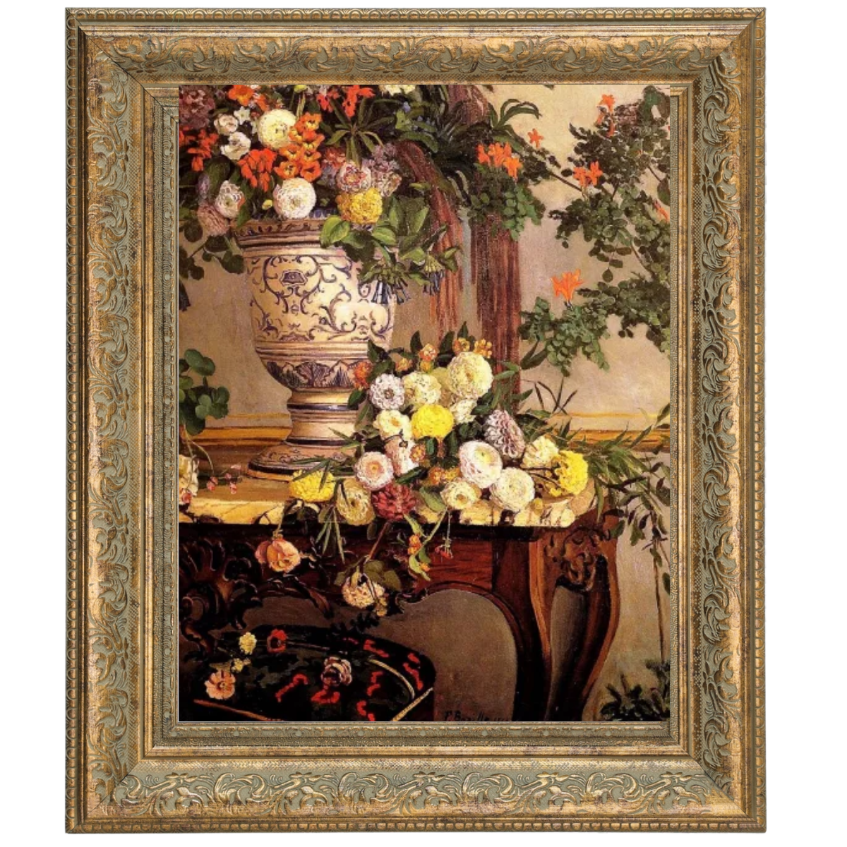 Flowers by Frederic Bazille, floral oil painting reproduction in ornate frame
