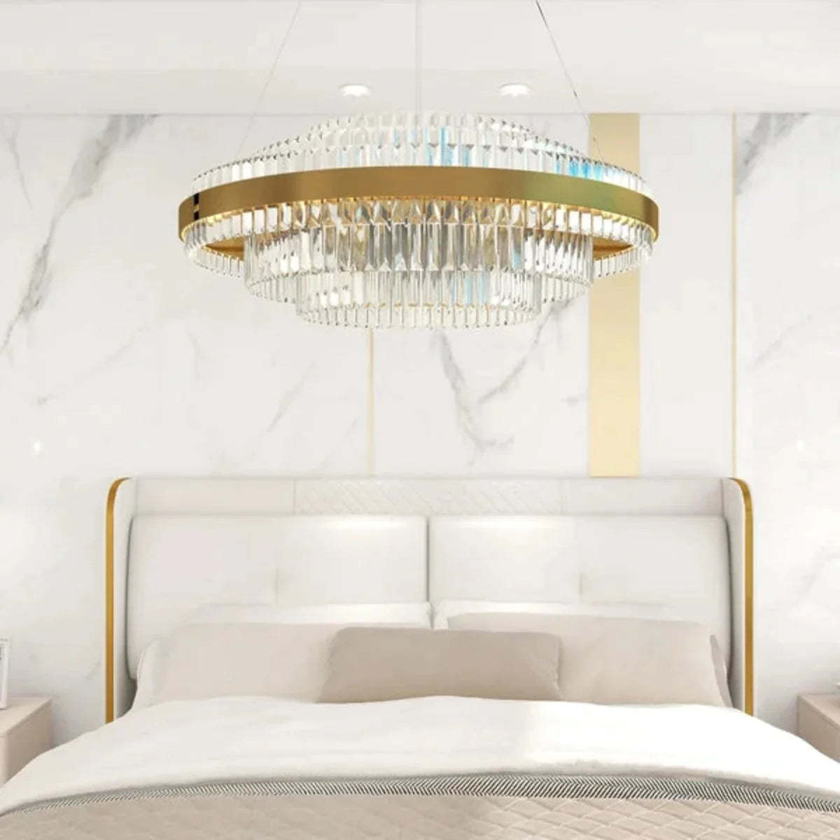 Marilyn Chandelier in bedroom, brass and crystal design