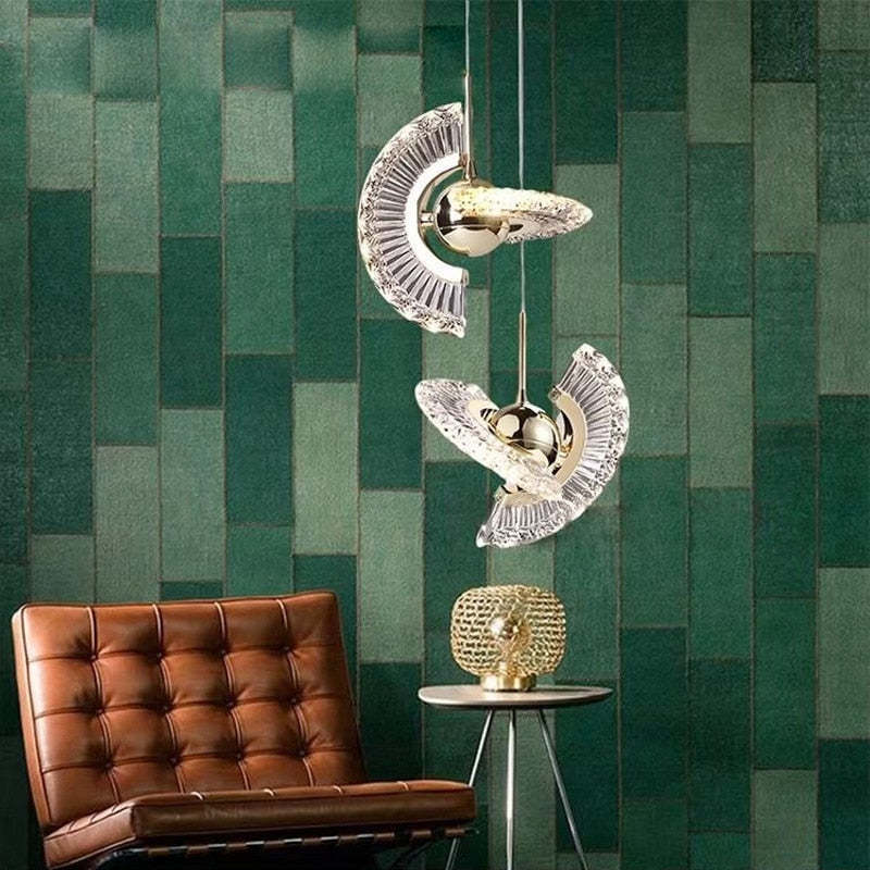 Kristy Nordic pendant lights, gold and crystal, interior design