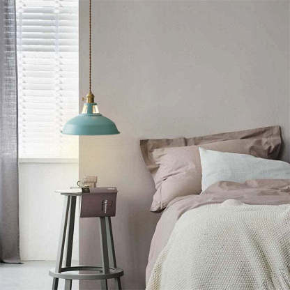 Teal Morandi Pendant Light above bedroom nightstand