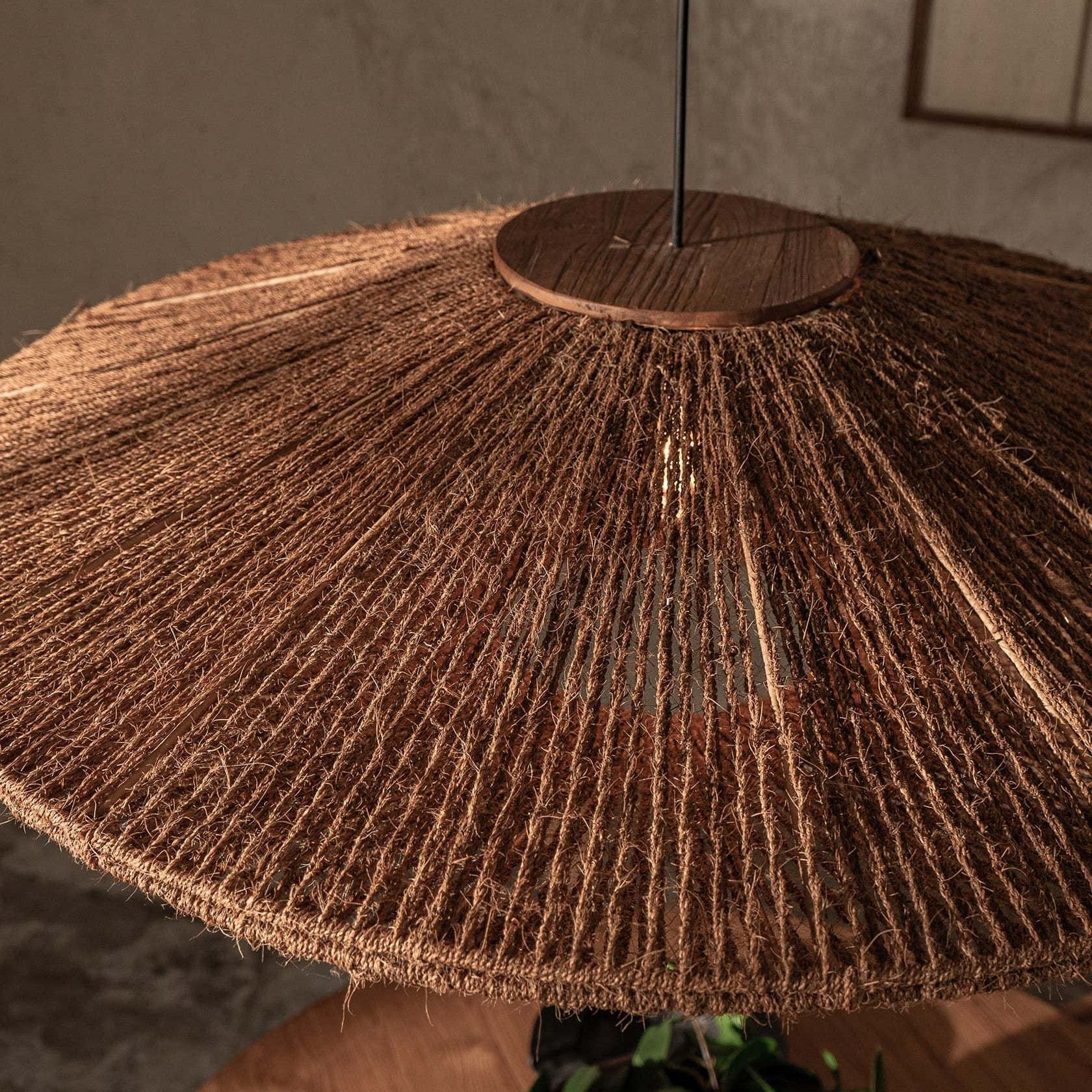 Rattan pendant light close-up, rustic home decor