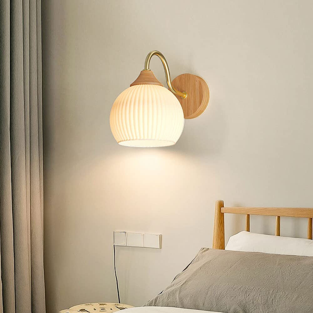 Nordic style bedroom wall lamp, glass shade with wooden base