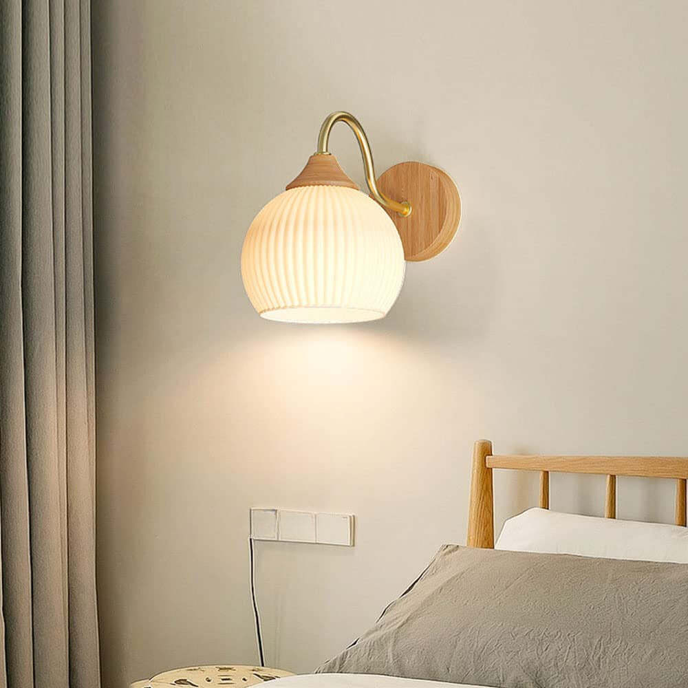 Nordic style bedroom wall lamp, glass shade with wooden base