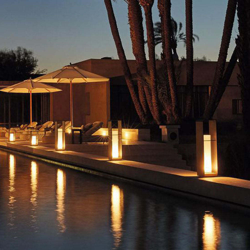 Orr outdoor floor lamp by pool, minimalist garden lighting. Orr Minimalist Cuboid Candle Outdoor Floor Lamp Garden