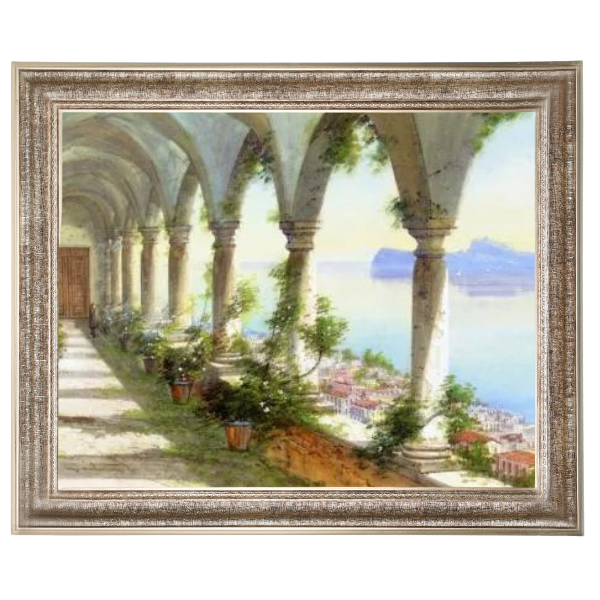 Capri Island landscape painting in a gold frame