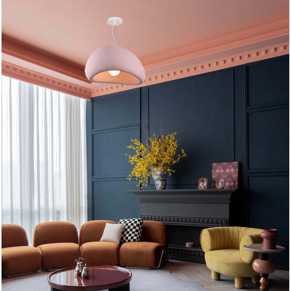 Pink cloud pendant light in modern living room. Byers Wabi-Sabi Spherical Cloud Pendant Light