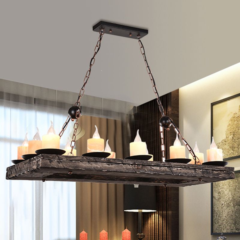 Rustic wood Austin chandelier with candle-style bulbs.