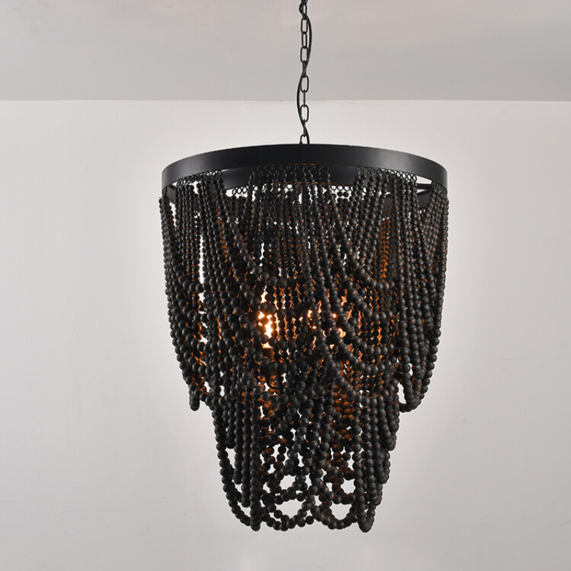 Black wood bead pendant light. Alessio boho chandelier lighting fixture.