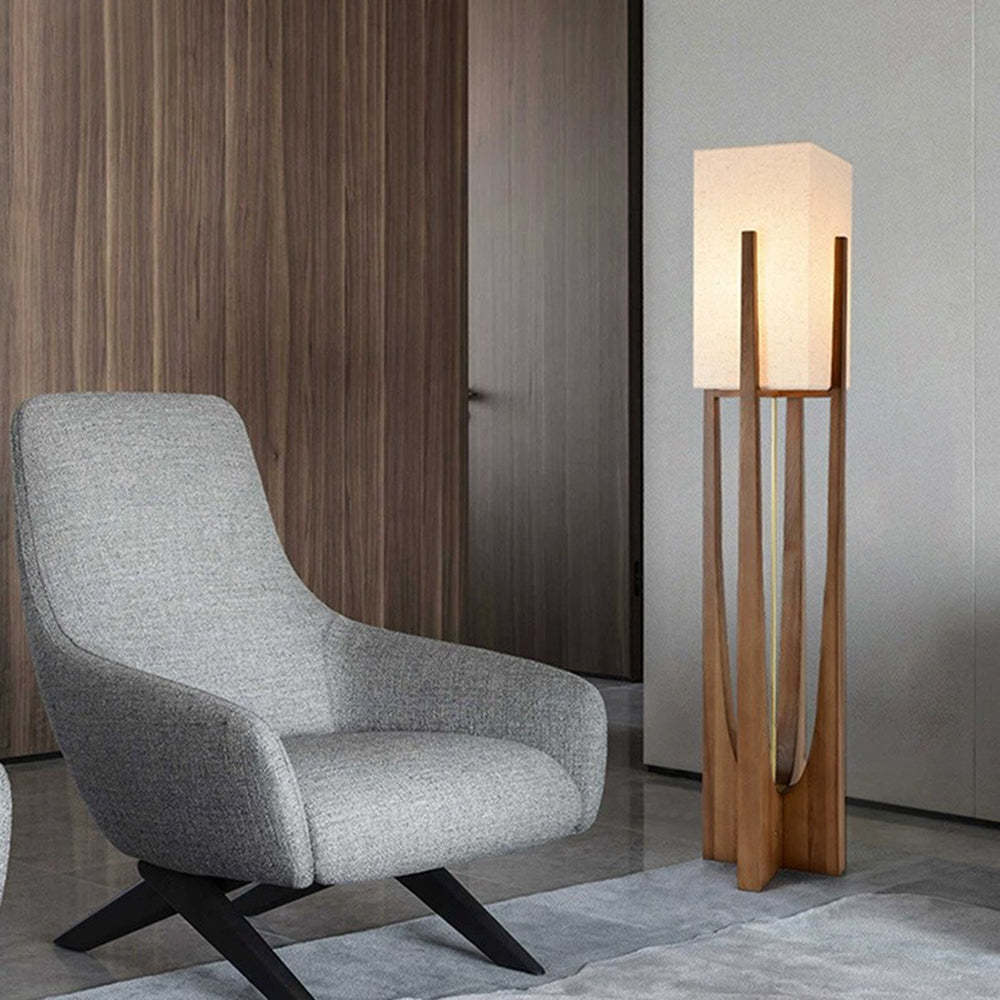 Ozawa wood floor lamp with fabric shade in a modern living room.