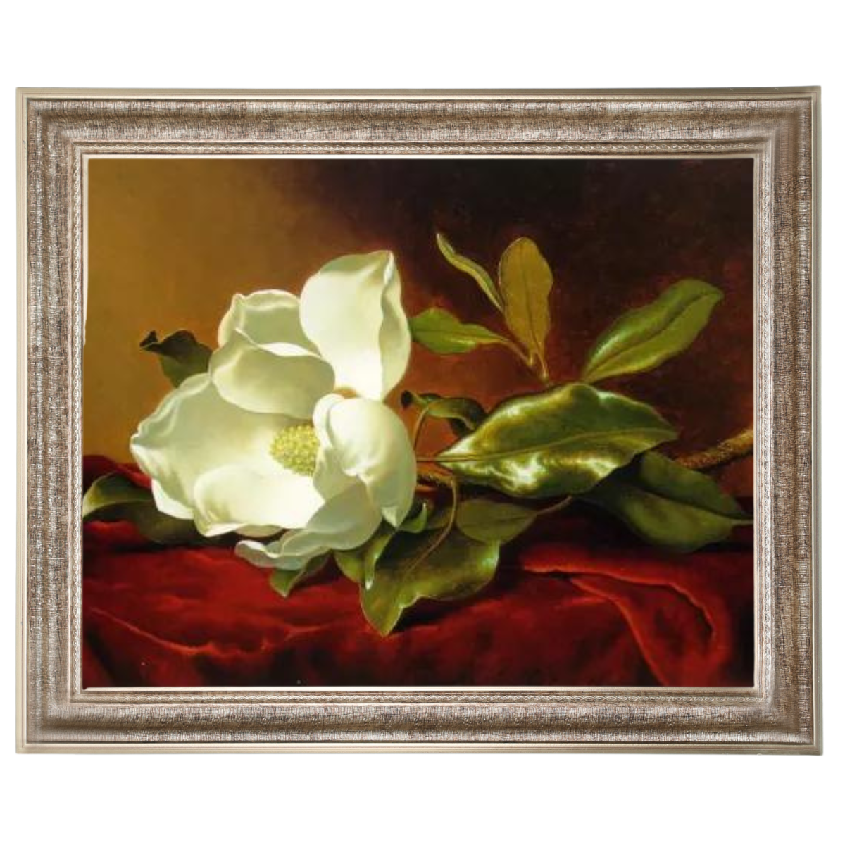 Magnolia flower painting on red velvet, framed floral artwork