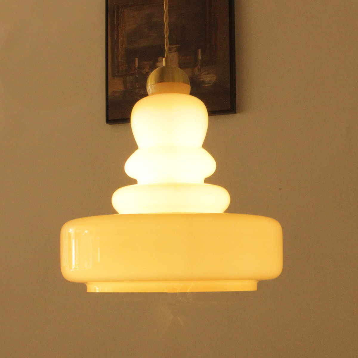 Beige glass Morandi pendant light, illuminated, indoors