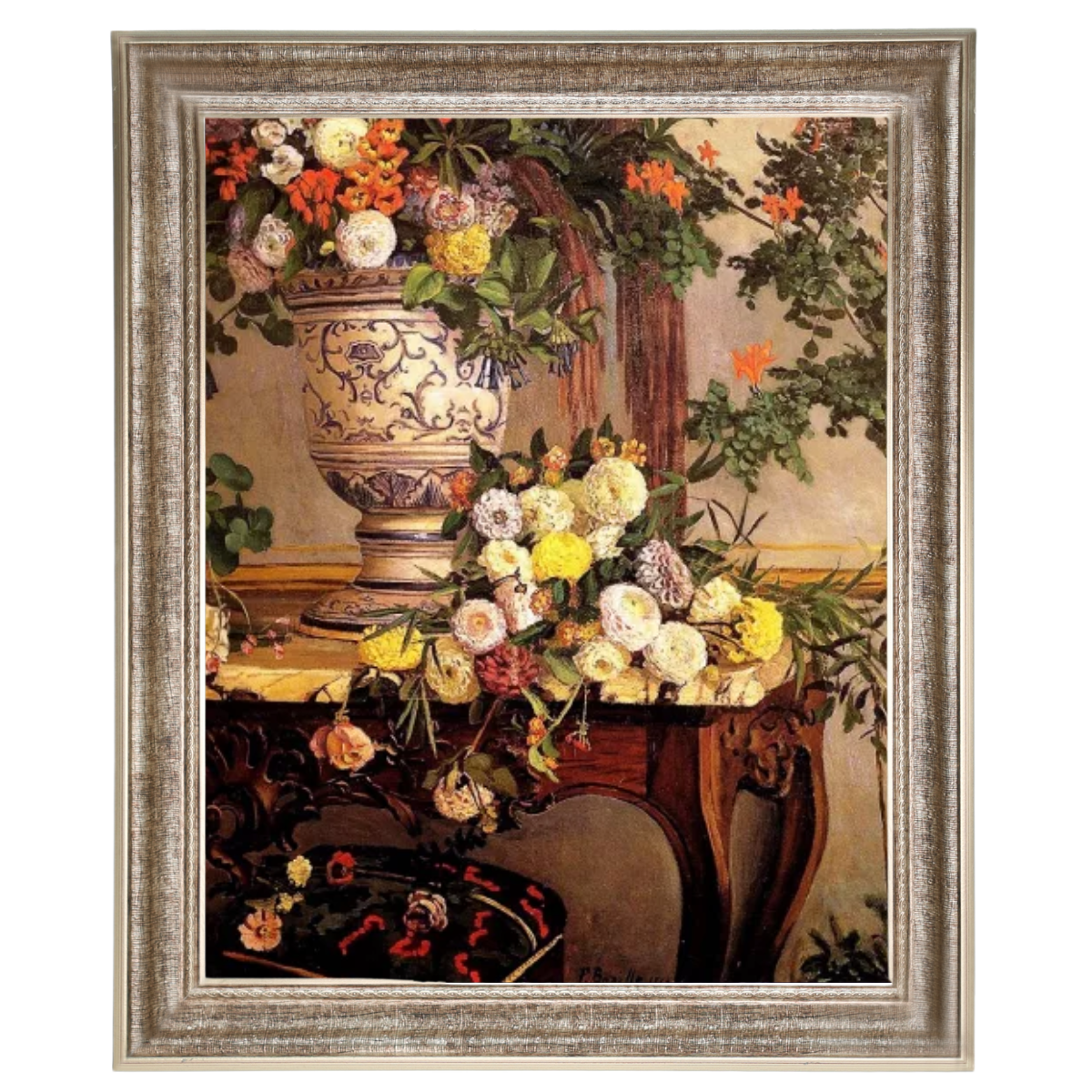 Floral still life painting reproduction in a decorative frame