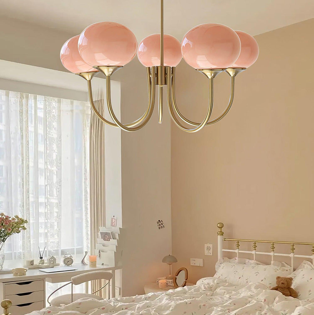 Pink Globe Chandelier over Bedroom - Retro Art Deco Lighting
