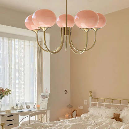 Pink Globe Chandelier over Bedroom - Retro Art Deco Lighting