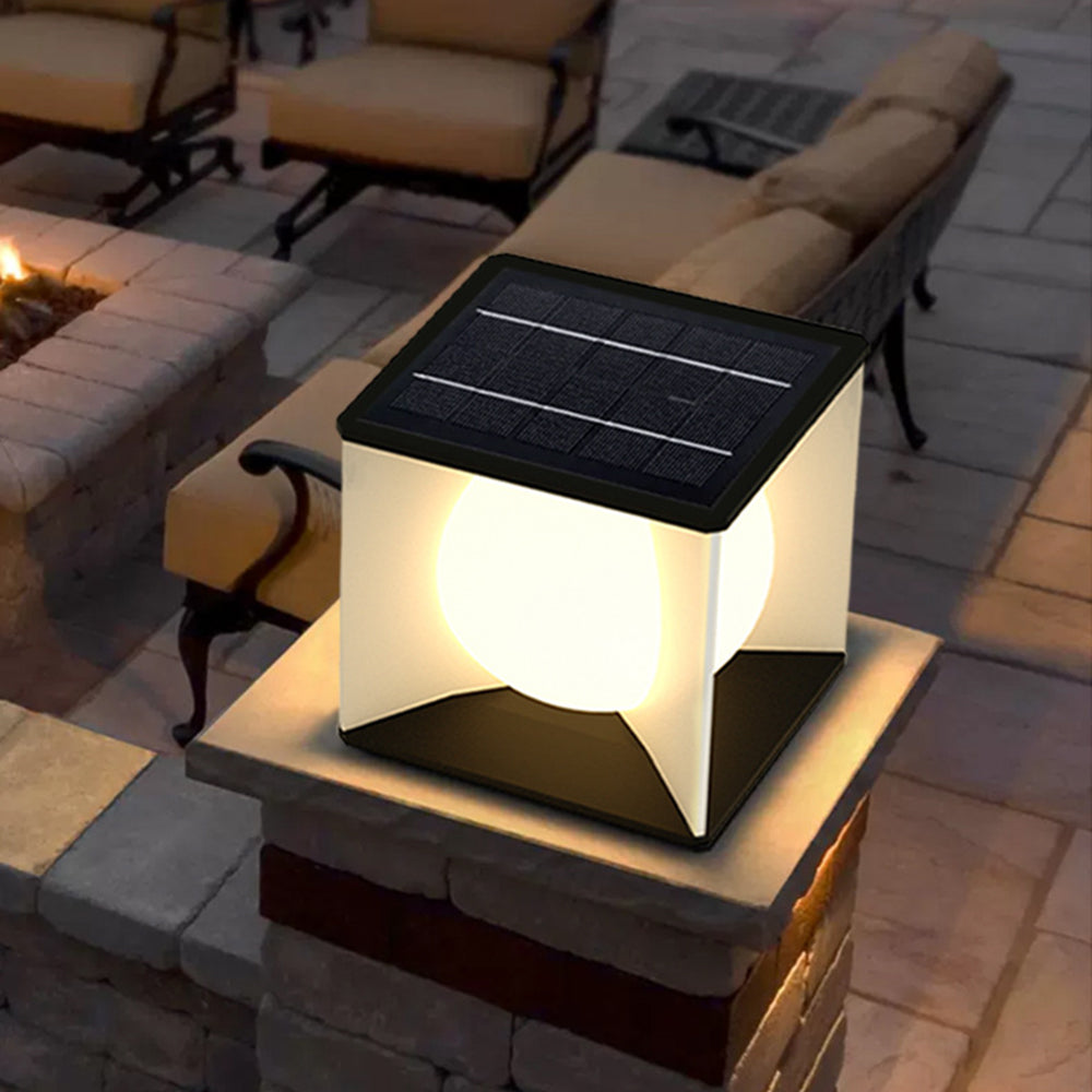 Elif Moon Pillar Light on patio. Modern solar light.