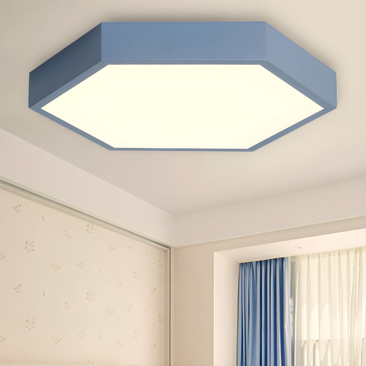 Blue Hexagon LED Ceiling Light in Bedroom, Morandi Style Lighting