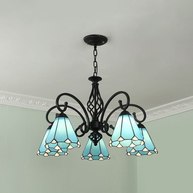 Silva Tiffany blue stained glass chandelier hanging