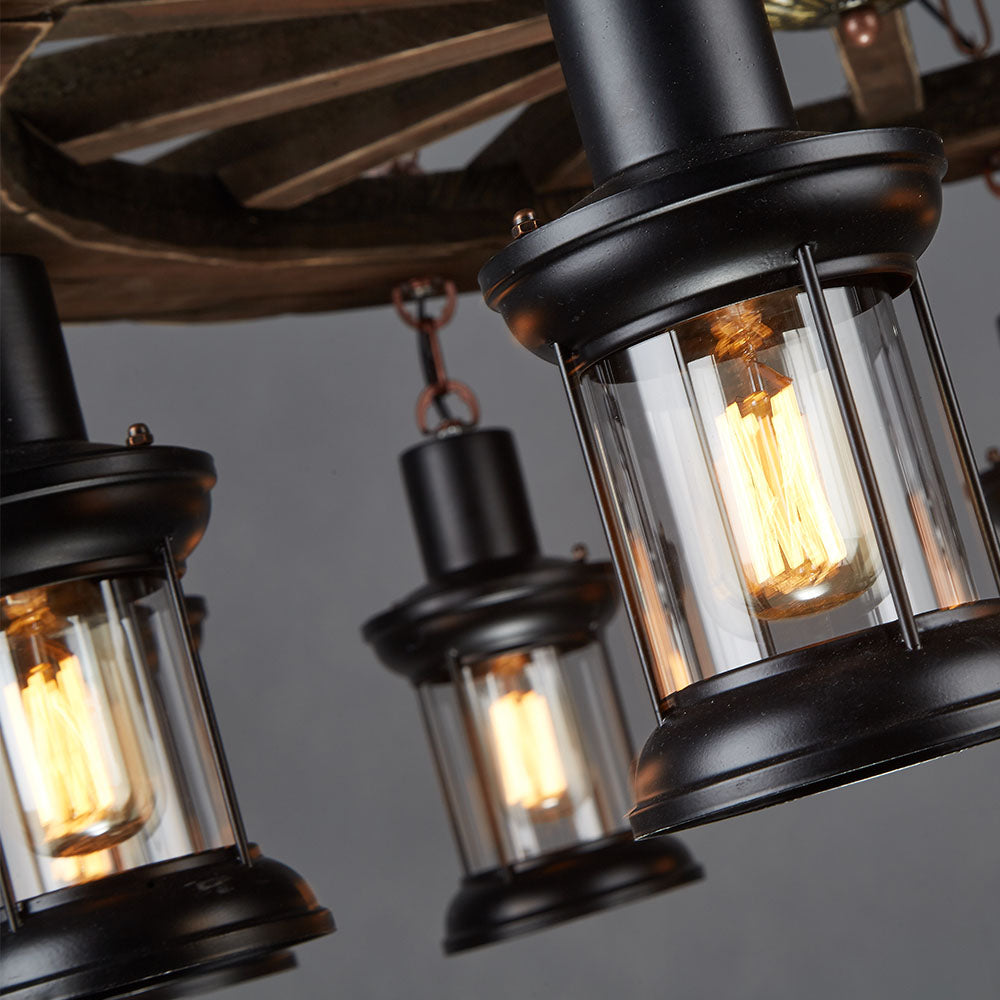 Metal & Wood Rudder Pendant Light with Glass Lanterns