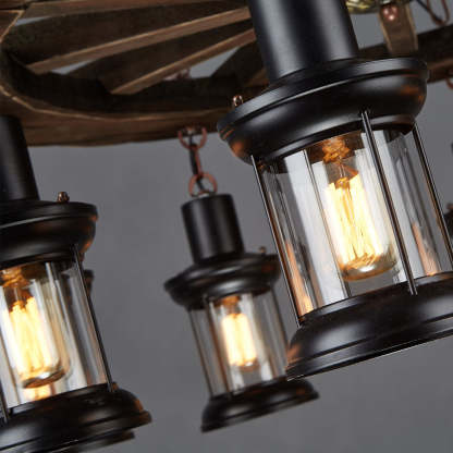 Metal & Wood Rudder Pendant Light with Glass Lanterns