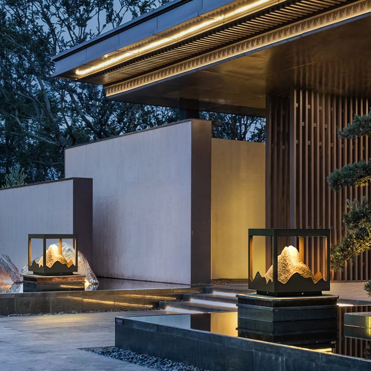 Riley mountain metal outdoor lamp in modern landscape.