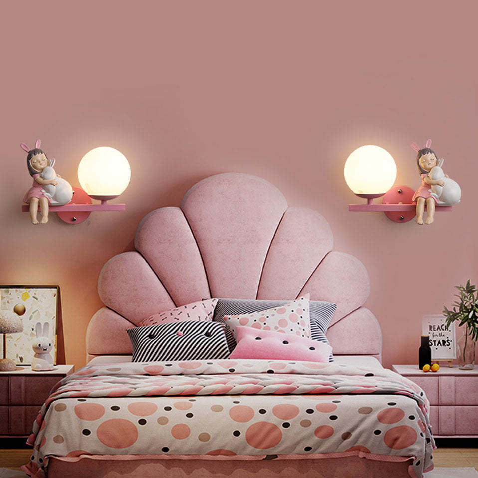 Pink bedroom with Minori wall sconces, girl and rabbit design