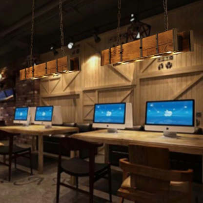 Rustic Alessio wood pendant lights in office restaurant setting