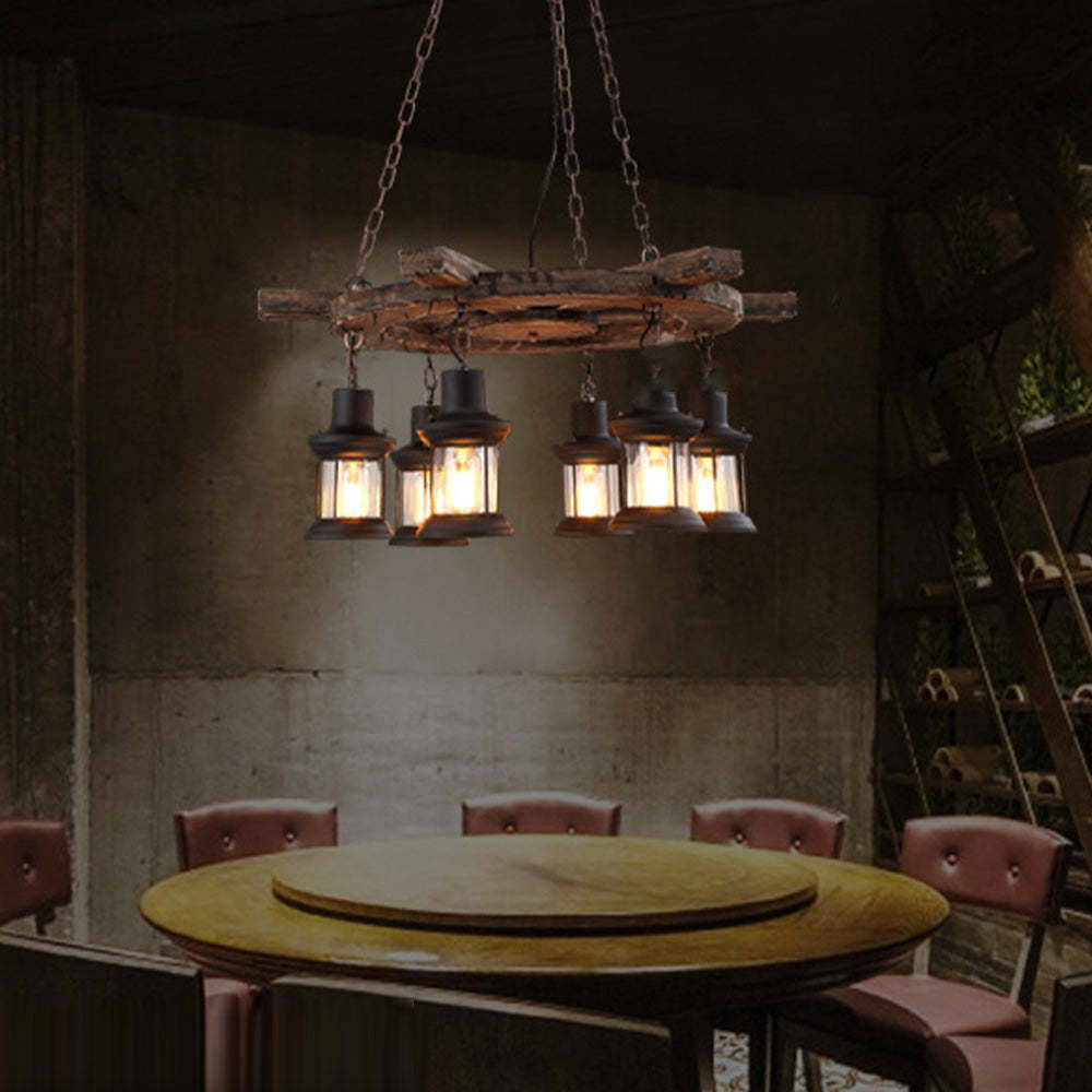 Rustic rudder pendant light with six metal lanterns