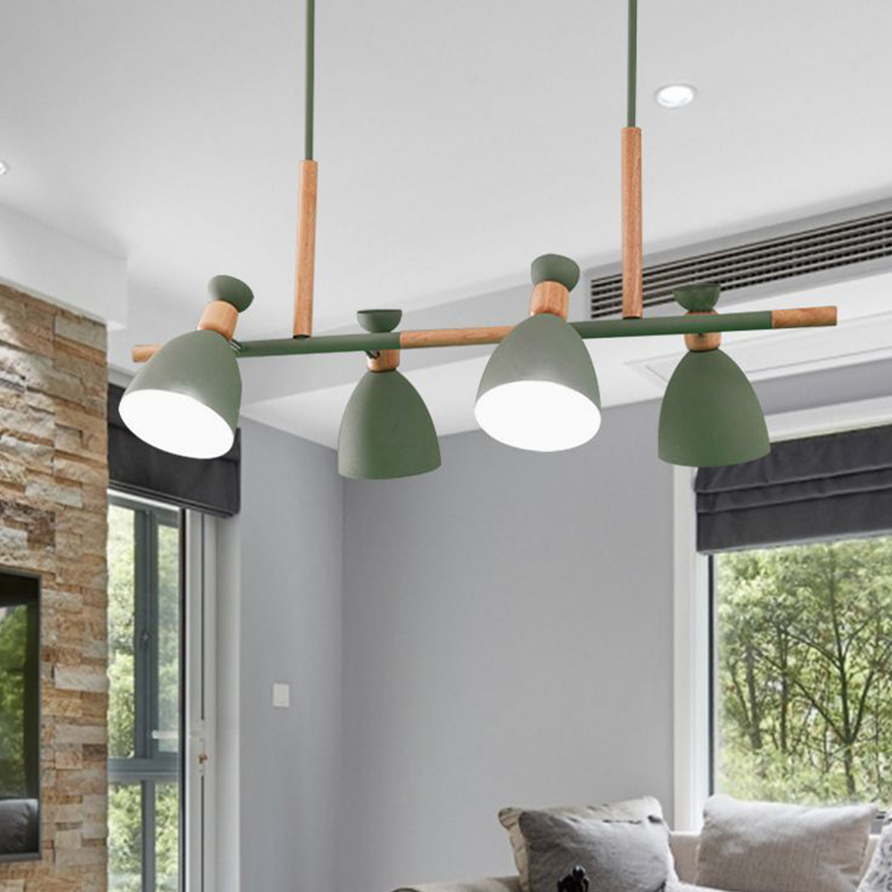 Green Morandi style pendant light, wood and metal, for living room