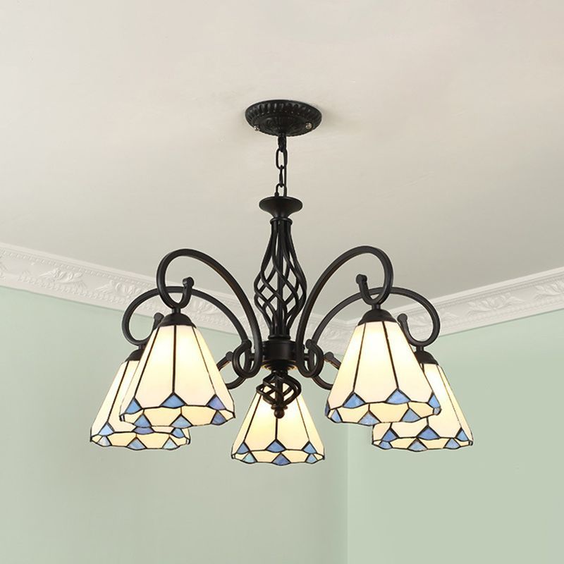 Silva Tiffany Chandelier, blue stained glass, metal frame