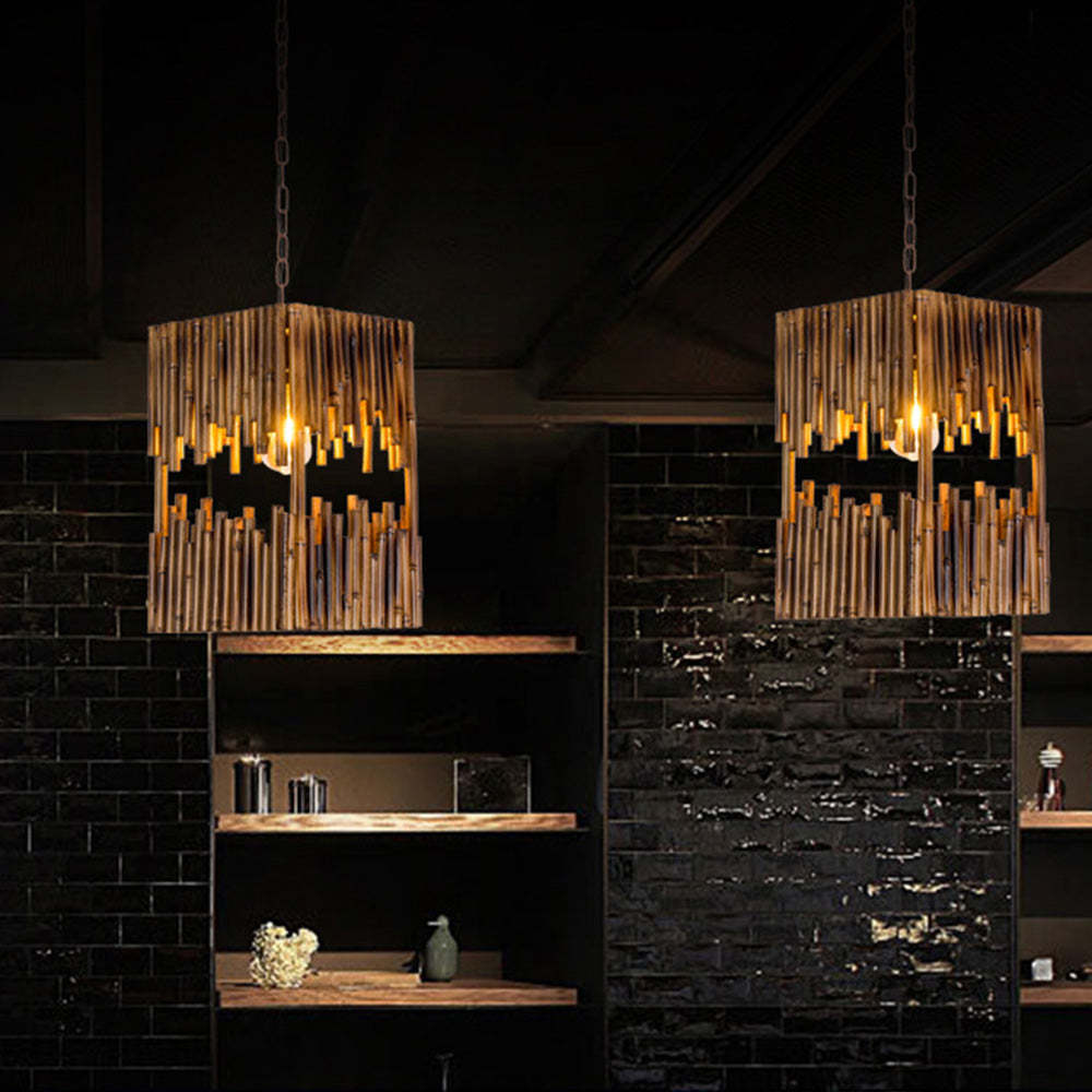 Rectangular Wood and Metal Pendant Lights