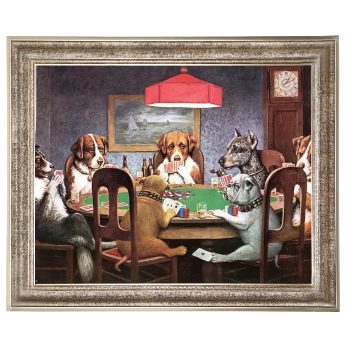 Dogs playing poker painting in ornate frame