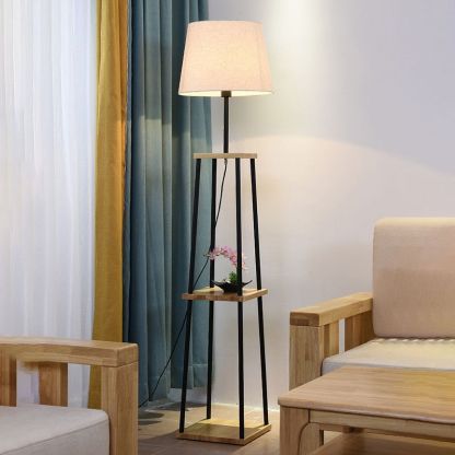 Eryn modern floor lamp with fabric shade and shelf.