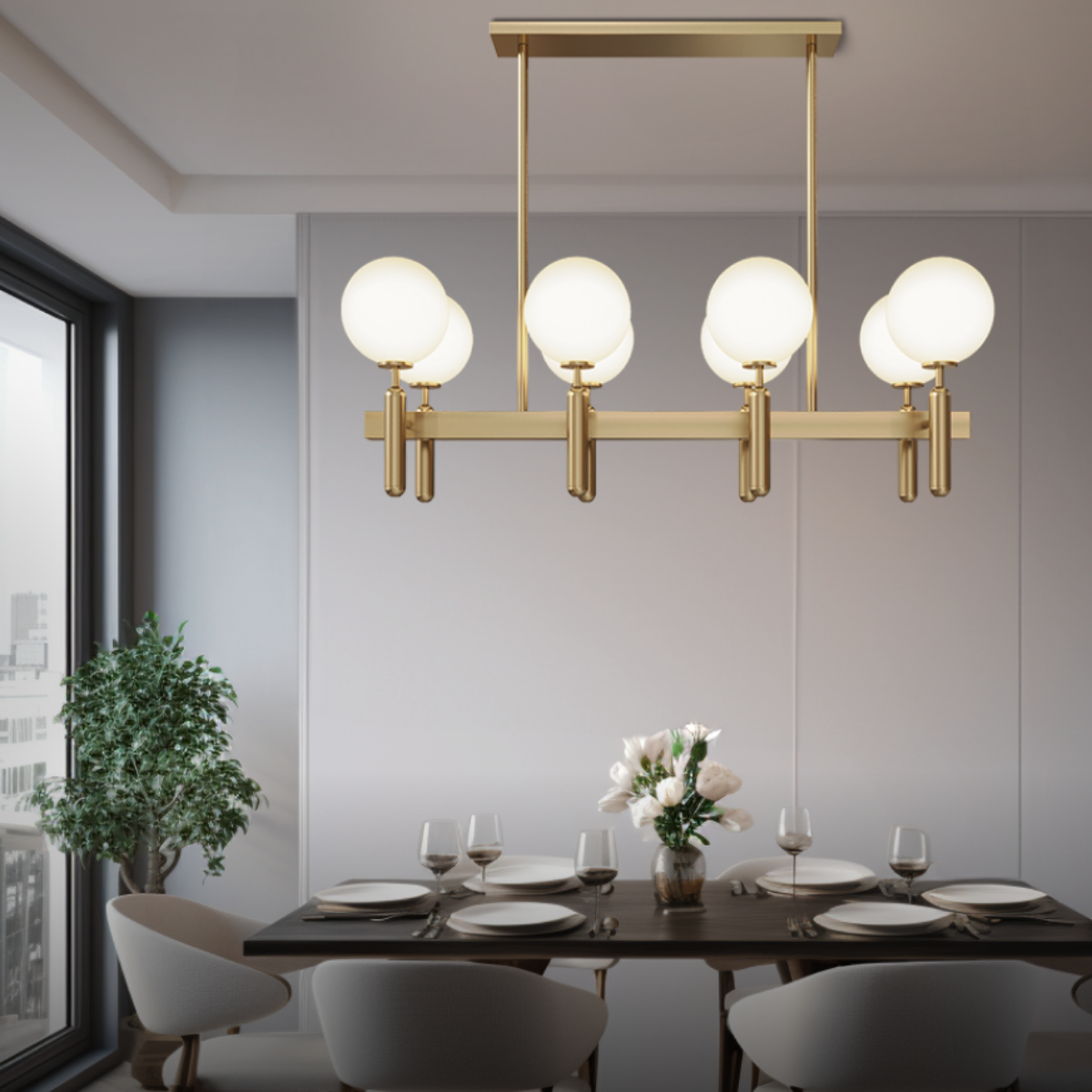 Marilyn pendant light over dining table, gold finish
