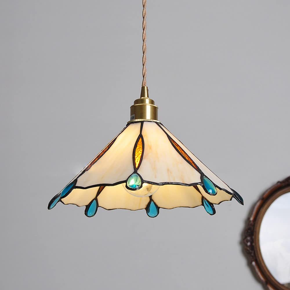 Eryn Vintage Pendant Light, Stained Glass and Metal Fixture