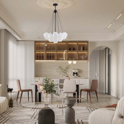 Modern dining room with Valentina glass globe pendant light. Valentina Glass Globe Pendant Light Bubble