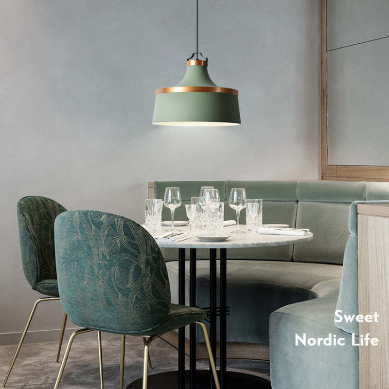 Green Morandi pendant light over Nordic dining table, Las Sola
