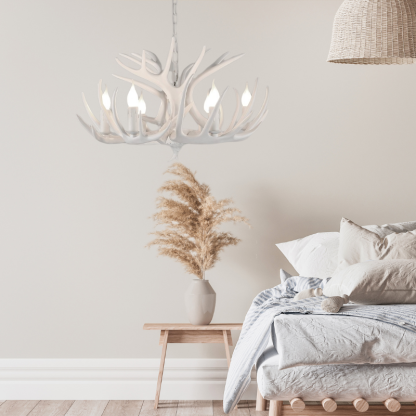 White Deer Antler Chandelier over Bed