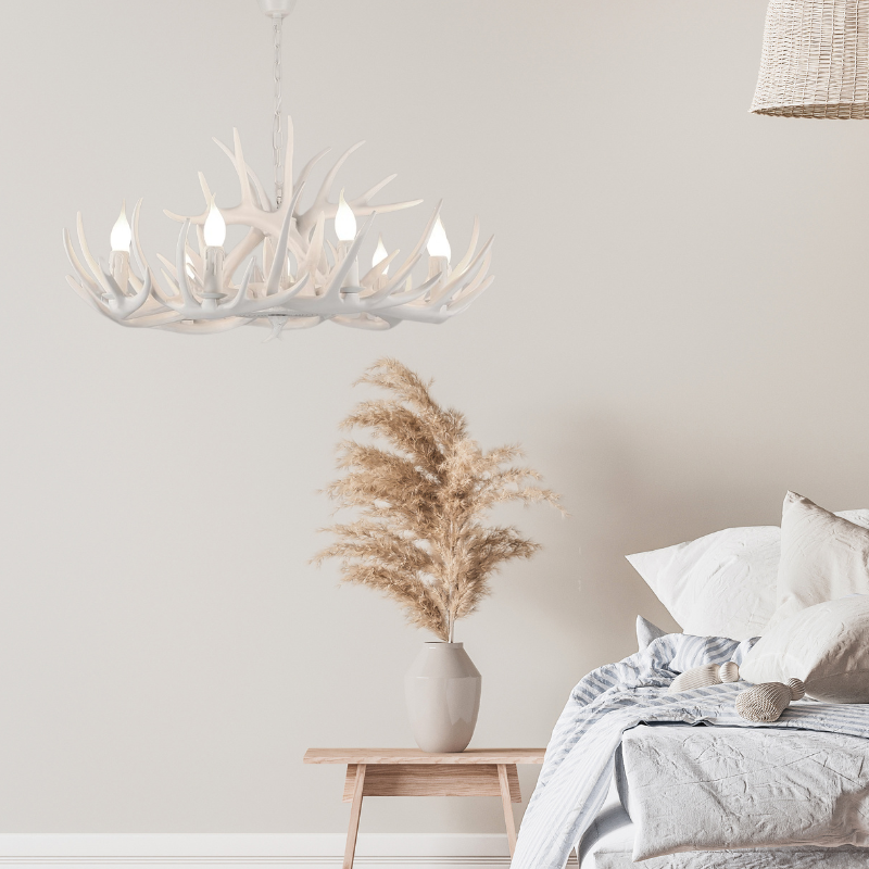 Bedroom with Deer Antler Chandelier Lighting