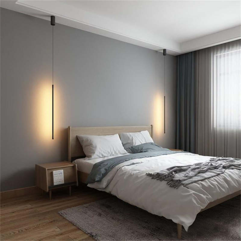 Bedroom with Edge minimalist linear pendant lights